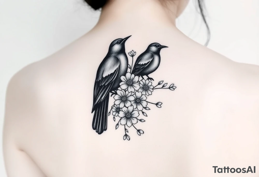 crows with flowers down my spine tattoo idea