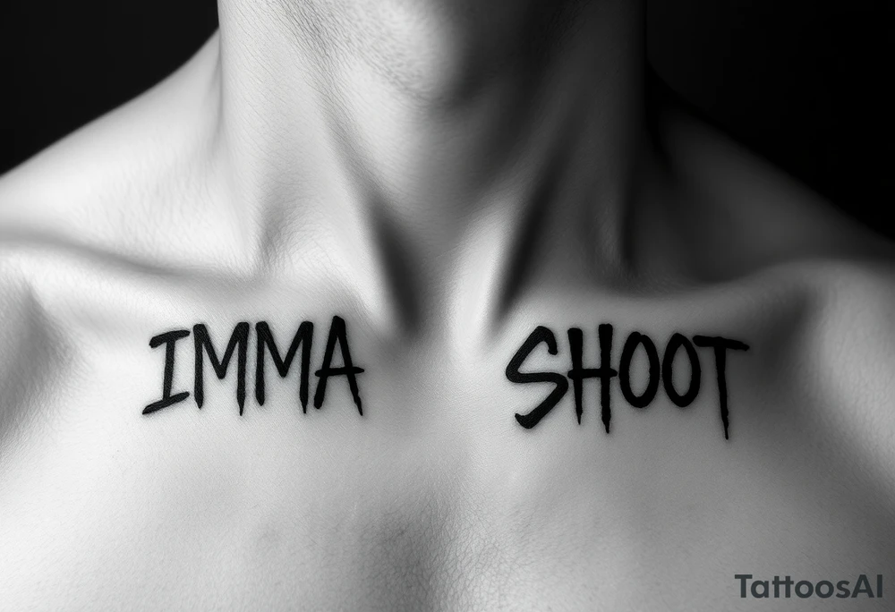 the word ‘IMMA’ and the word ‘SHOOT’ under each collar bone on chest in a font that looks like spray paint tattoo idea