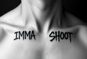 the word ‘IMMA’ and the word ‘SHOOT’ under each collar bone on chest in a font that looks like spray paint tattoo idea