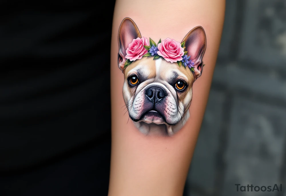 French Bulldog with a flower crown, made of soft pink roses and lavender, on a white and light tan dog with delicate dot shading. tattoo idea