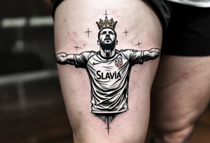 A stylized player tattoo, arms outstretched like a cross, in full Slavia gear with a crown above the crest. tattoo idea
