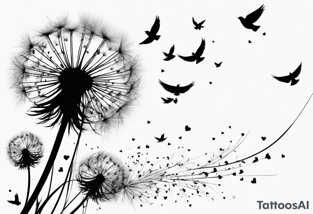 Dandelion with its ligules blowing away, a few legs are tiny hearts, the girls turn into a little bird, flying away to its future tattoo idea