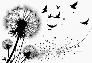 Dandelion with its ligules blowing away, a few legs are tiny hearts, the girls turn into a little bird, flying away to its future tattoo idea