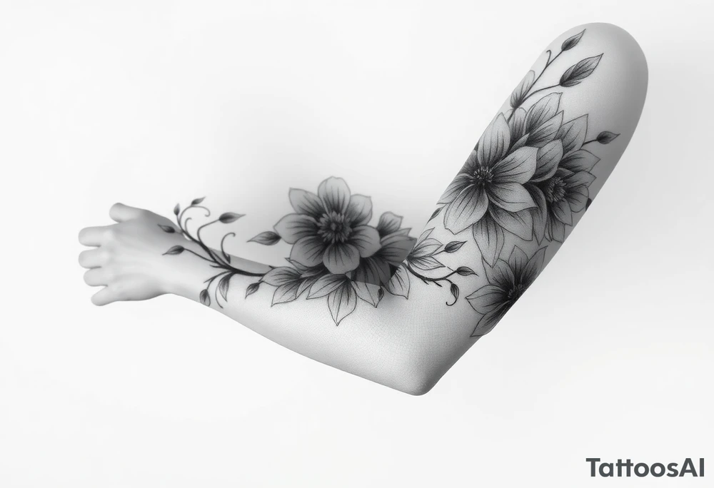 Brush style full sleeve with flowers. Not perfect lines. Abstract. Artistic. Unique tattoo idea