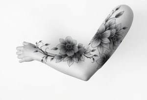 Brush style full sleeve with flowers. Not perfect lines. Abstract. Artistic. Unique tattoo idea