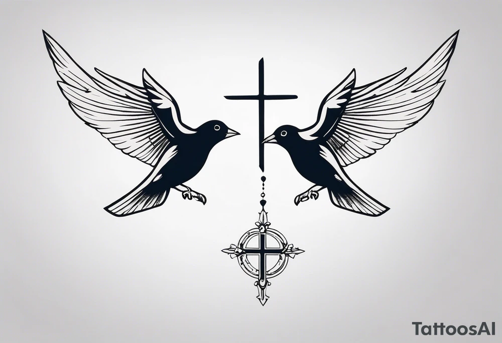 Two birds on forearm flying towards each other one below the other and up towards with a cross in between them tattoo idea