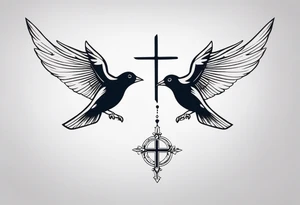 Two birds on forearm flying towards each other one below the other and up towards with a cross in between them tattoo idea