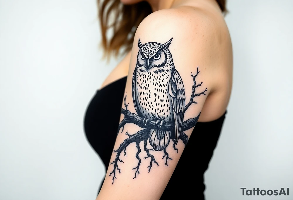 wise owl perched on ancient oak branch under starlit sky tattoo idea