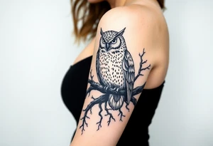 wise owl perched on ancient oak branch under starlit sky tattoo idea