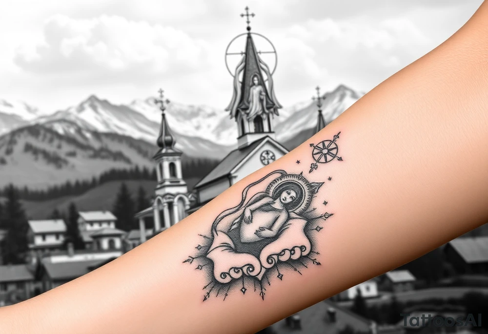 Russian Orthodox church with orthodox spire crosses in a mountainous village setting, with a holy glow around the church, and a virgin mary sat seperately above looking over hands on heart sat above tattoo idea