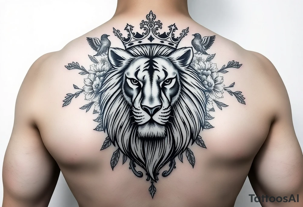 powerful majestic lion with a crown, surrounded by floral ornaments and birds tattoo idea