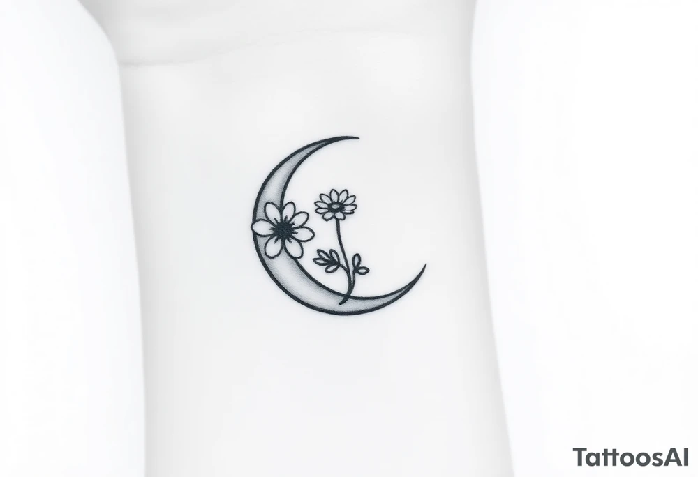 Small black and white tattoo waxing crescent moon with small Daisy birth flower and tiny leo gliph tattoo idea