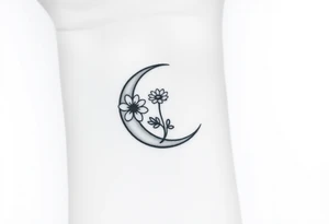 Small black and white tattoo waxing crescent moon with small Daisy birth flower and tiny leo gliph tattoo idea