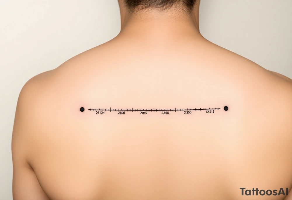 Style: minimalist fine-line  
Layout: horizontal timeline  
Elements:  
- 2 timeline dots  
- Coordinates: "24°10′N, 20°16′E" and "53.4084°N, 2.9916°W" under each dot  
- Small circle markers above each  
- Below line: Morse code — ● — ● ● — ● — ● — — — ● — ● ● ● ● — ● —  
No text. Abstract only. tattoo idea