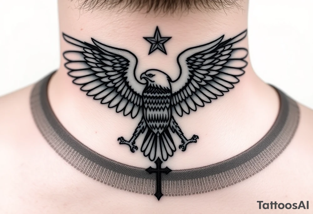 Double-headed eagle outline only (no shading) — suits neck skin which ages differently
Star above, small orthodox cross below tattoo idea