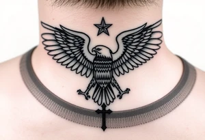 Double-headed eagle outline only (no shading) — suits neck skin which ages differently
Star above, small orthodox cross below tattoo idea