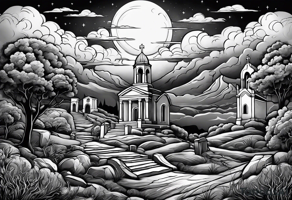 Graveyard with moon and greek church on hills with clouds tattoo idea