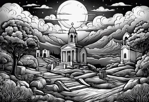 Graveyard with moon and greek church on hills with clouds tattoo idea
