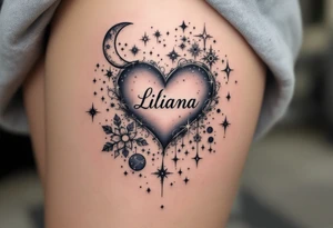 A heart surrounded by celestial bodies, with stars, a crescent moon, and the name "Liliana" written in an elegant, silver font, surrounded by soft shades of midnight blue. tattoo idea
