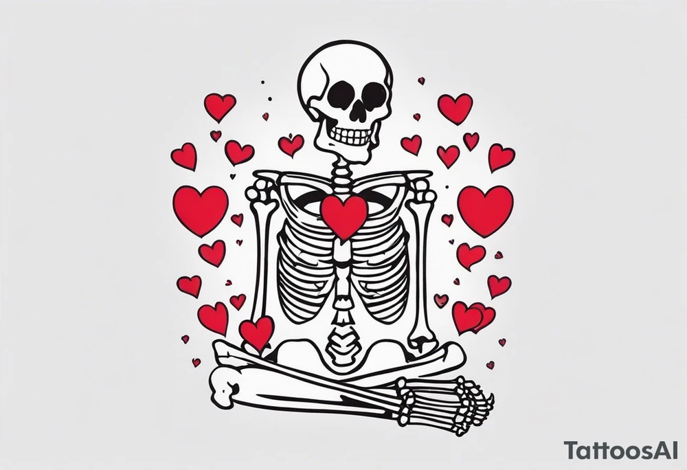 One skeleton with eyes in the shape of hearts, one skeleton sitting tattoo idea