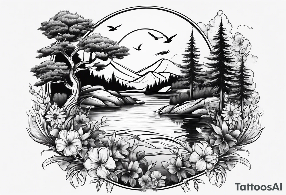 Peaceful nature scene with flowers, trees, animals and water tattoo idea