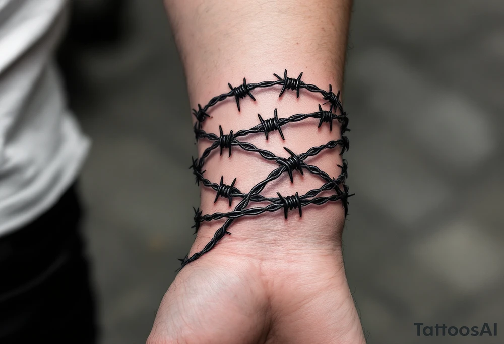 A realistic black and dark silver barbed wire tattoo wraps tightly around the arm, with sharp crimson highlights on the barbs and subtle shading to create a three-dimensional, metallic effect against the skin. tattoo idea
