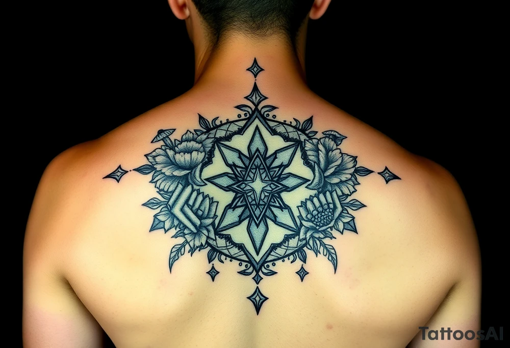 Could you possible make me a cool nature tattoo with mushrooms crystals  flowers mandala boho but colorful and psychedelic colorful too that would wrap from front of hip around side to mid back to cover an existing one I have incorporating the stars I have already and only covering some wrapping from front of hip around side to back tattoo idea