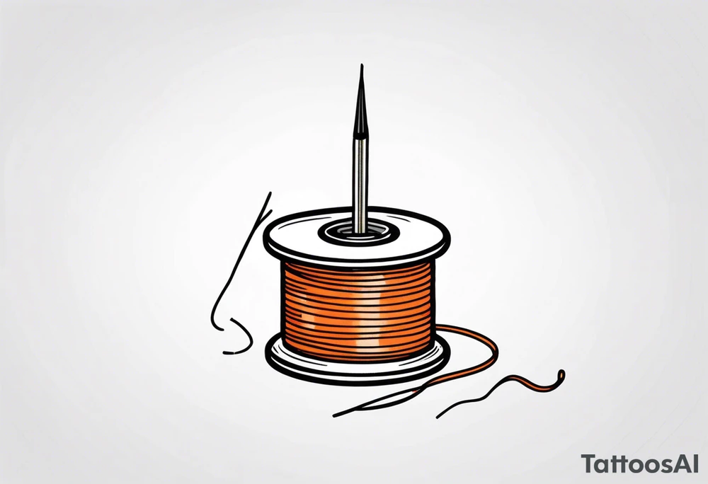 small tattoo. sewing needle with orange thread spool. tattoo idea