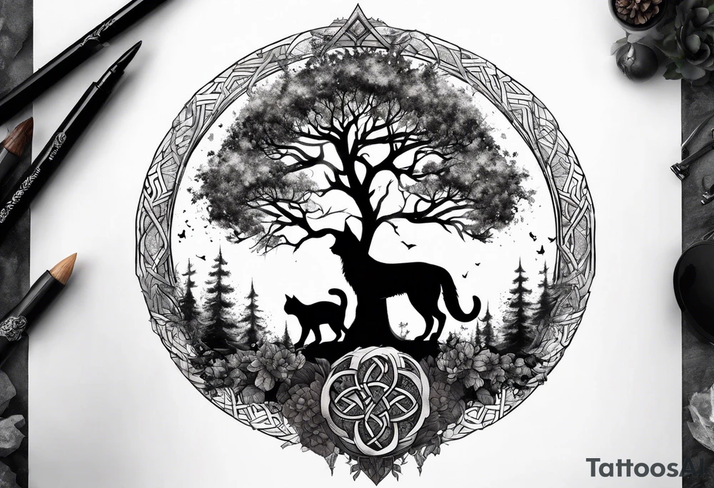 world tree with a cat and a raven and knotwork upper arm tattoo tattoo idea