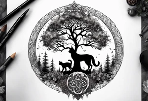 world tree with a cat and a raven and knotwork upper arm tattoo tattoo idea