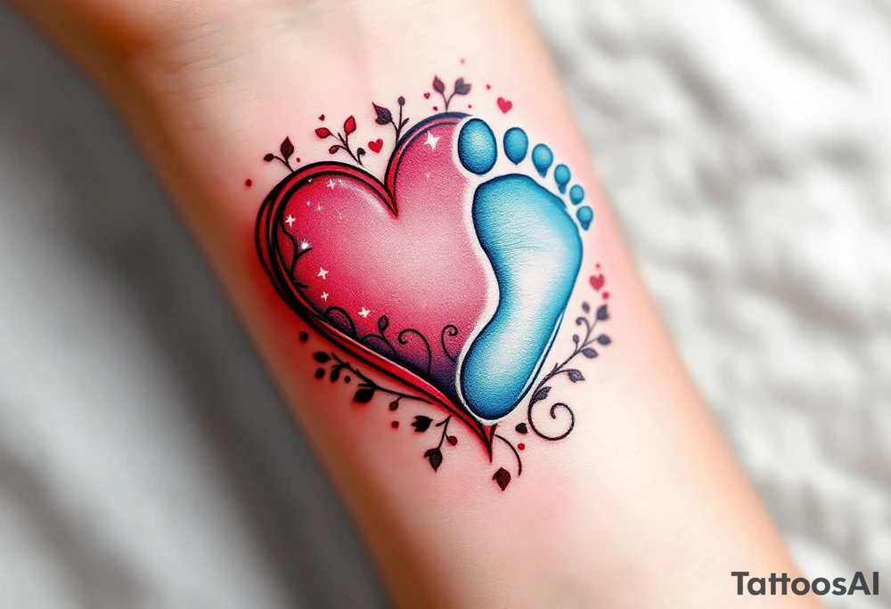 A red heart cradling a tiny blue baby footprint symbolizes eternal maternal love and protection. tattoo idea