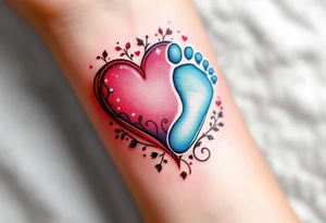 A red heart cradling a tiny blue baby footprint symbolizes eternal maternal love and protection. tattoo idea