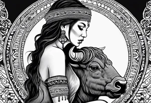 buffalo standing with head turned towards the viewer. woman with bead headband sitting up on the buffalo's back,  with head turned forward so we can see her whole face tattoo idea