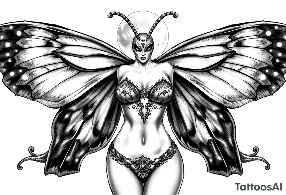 ethereal lunar moth resemblance powerfully sexy depiction of the goddess estate nude full frontal with exotic erotic lingerie tattoo idea