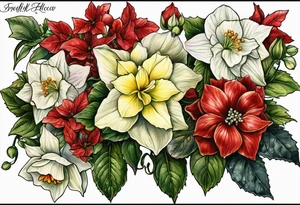 Hydrangea, Narcissus, Poinsettia, Holly, Gladiolus, Poppy, Daisy, Sweet Pea floral tattoo idea