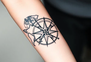 antique compass rose overlaid on weathered world map with sailing ships tattoo idea