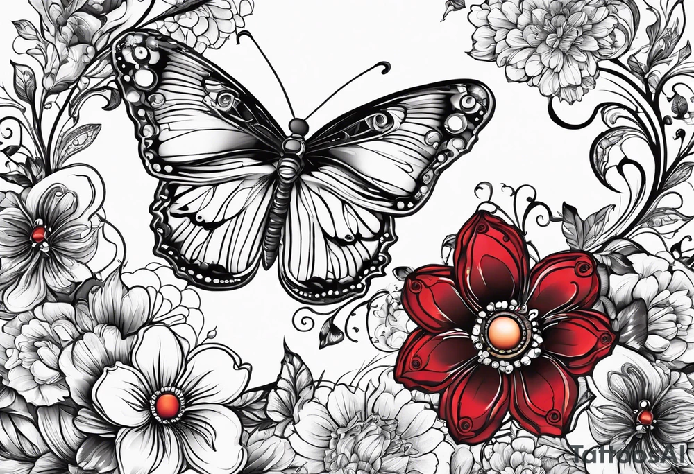 Peace be still, flowers, stitching, butterflies, Bold tattoo idea