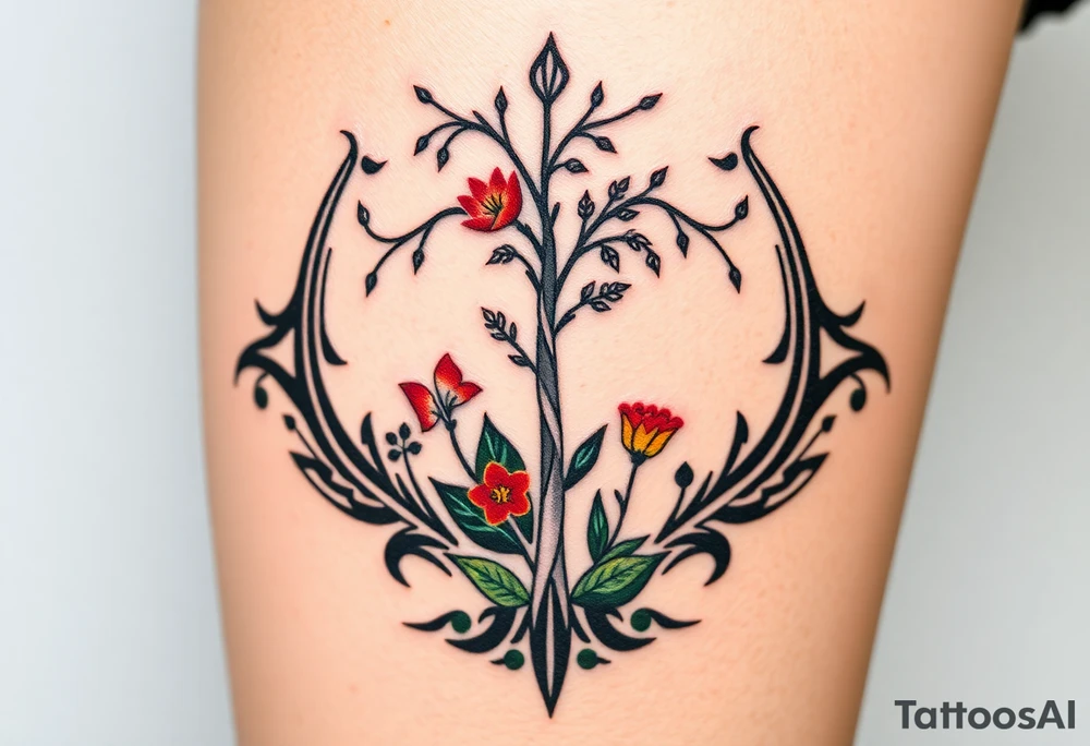 Lilly of the vally plants underneath a blooming hawthorn tree with other colorful plants on ground tattoo idea