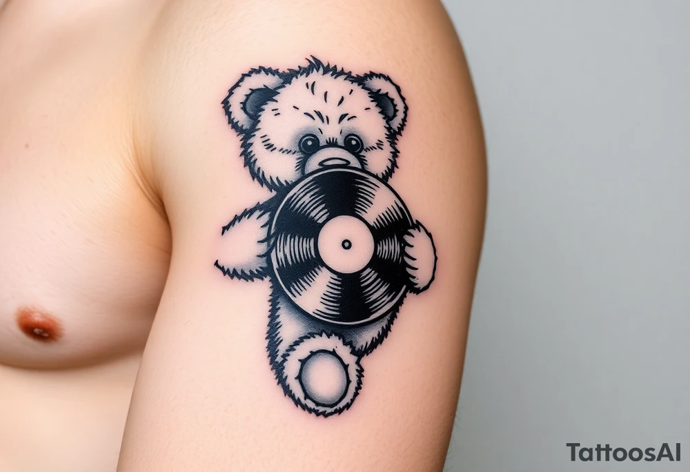 teddy bear holding a vinyl record tattoo idea