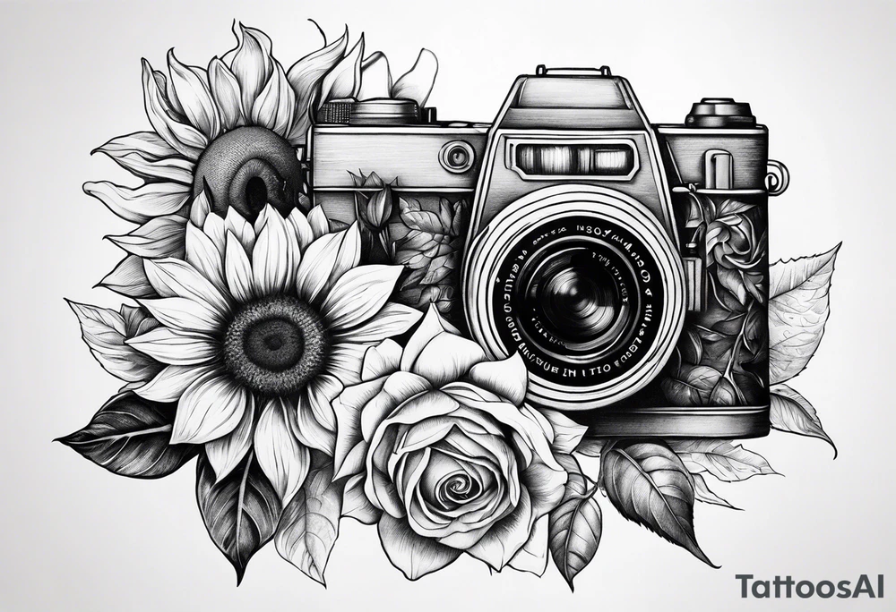 Sunflower, camera, book, owl, flower rose tattoo idea