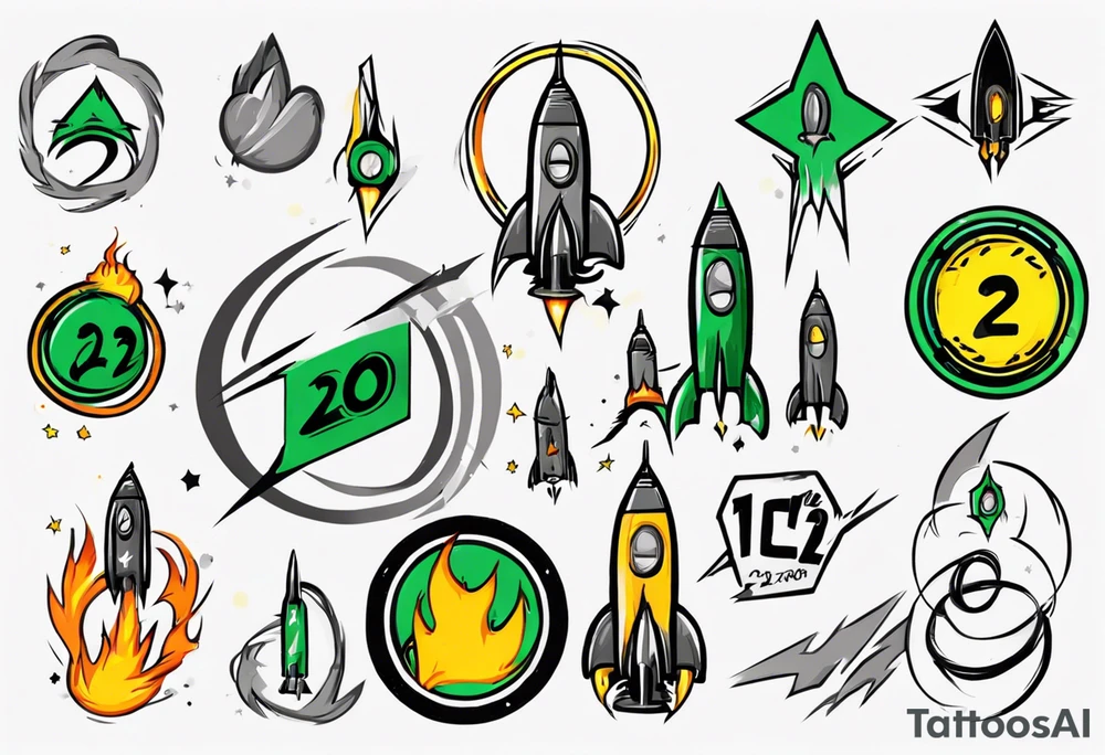 Simple cartoon rocket in green, gray, yellow, blue

Fire coming out the rocket

Black ring around the rocket with "26.2" written at the 10 o'clock position tattoo idea