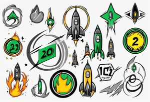 Simple cartoon rocket in green, gray, yellow, blue

Fire coming out the rocket

Black ring around the rocket with "26.2" written at the 10 o'clock position tattoo idea