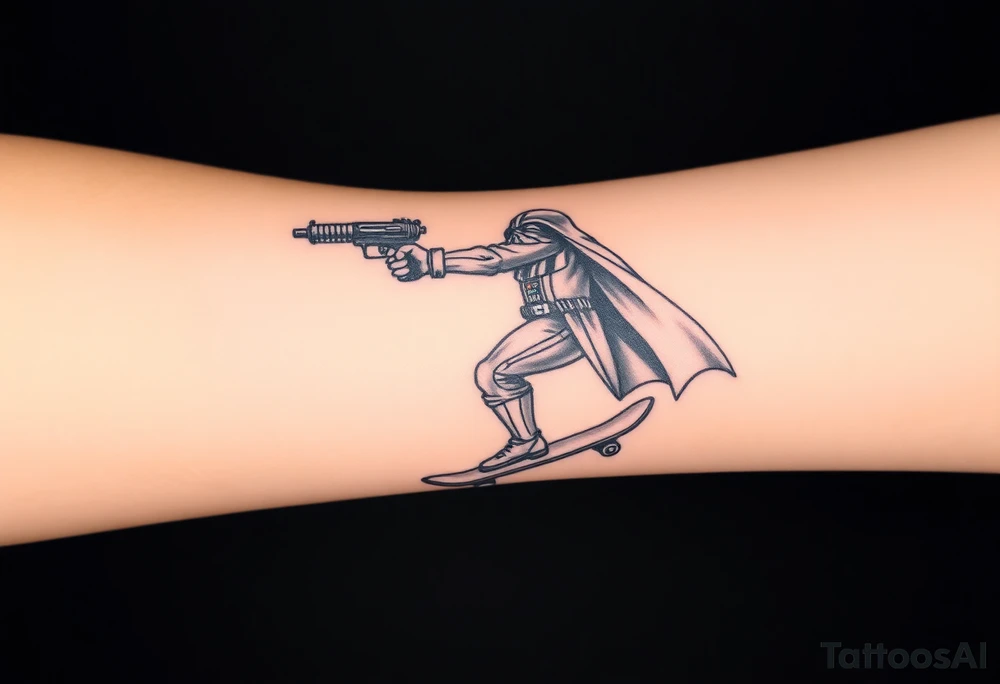 Darth Vader skateboarding with gun> bullets > memorial > god > colors > futuristic/space/star wars
add name "Darth Carter" on skateboard
add date 12/29/88-01/06/24 tattoo idea