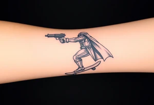Darth Vader skateboarding with gun> bullets > memorial > god > colors > futuristic/space/star wars
add name "Darth Carter" on skateboard
add date 12/29/88-01/06/24 tattoo idea