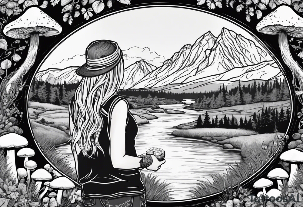 Whole picture encircled fully

Straight long blonde hair hippie girl in distance holding mushrooms in hand facing away toward mountains and creek surrounded by mushrooms long sleeve shirt and hiking pants; whole rendering within a full circle, no cut off circle tattoo idea