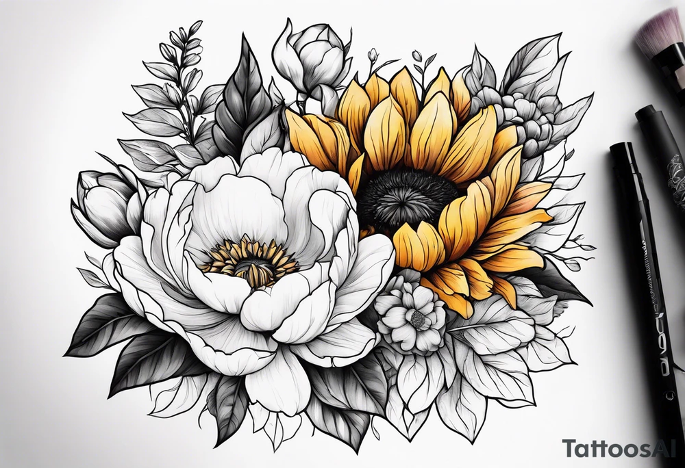 Upper arm half sleeve fall color peonie, sunflowers, magnolias, wild flowers tattoo idea