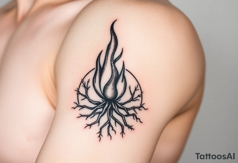 flame in a blooming roots circle tattoo idea