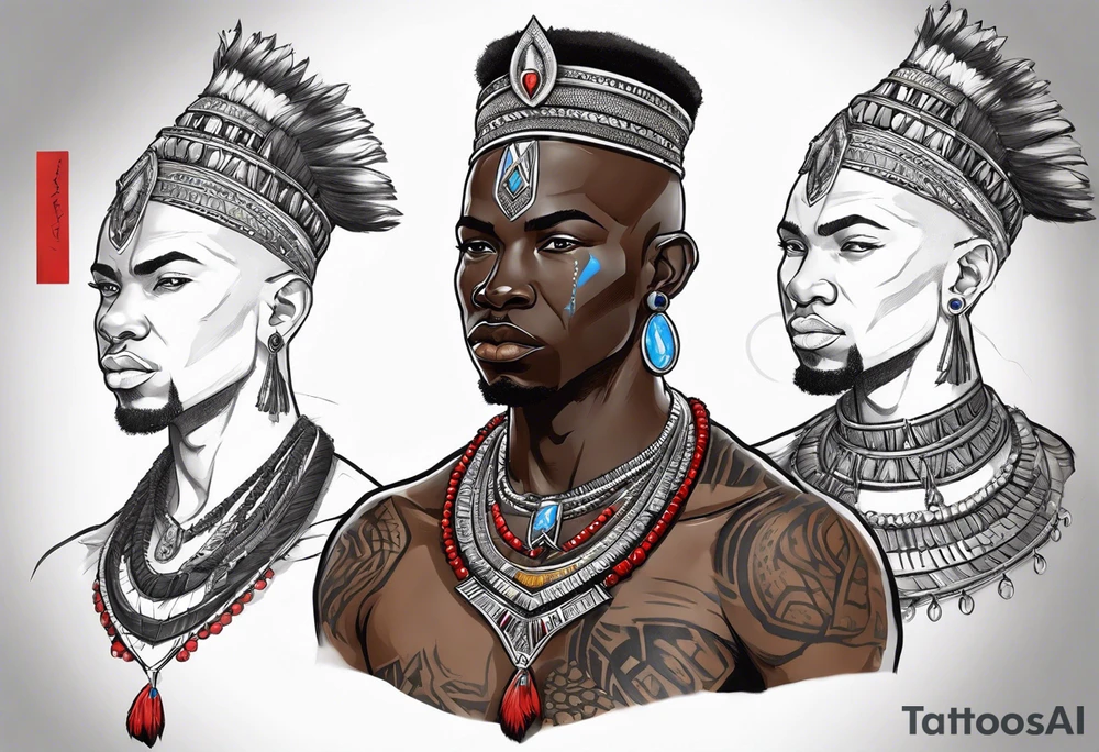 Black-skinned bald african warrior. He wears a simple and small silver crown. He wears two simple necklaces: one blue, other red. tattoo idea