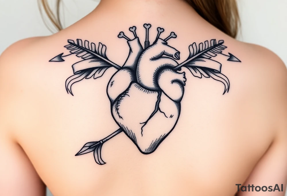 anatomical heart pierced by ornate arrow with flowing ribbons tattoo idea