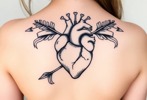anatomical heart pierced by ornate arrow with flowing ribbons tattoo idea